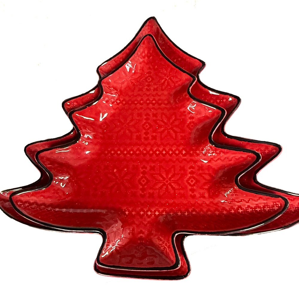 Southern Living Red Christmas Tree Platter Set of 2 Handcrafted Portugal